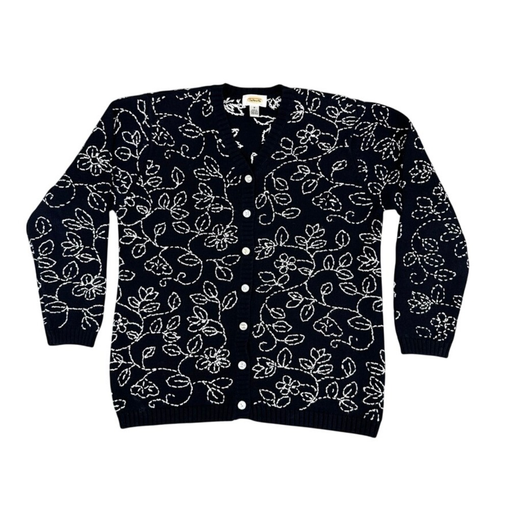 Vintage Talbots Womens Floral Embroidered Cotton Cardigan Sweater M
